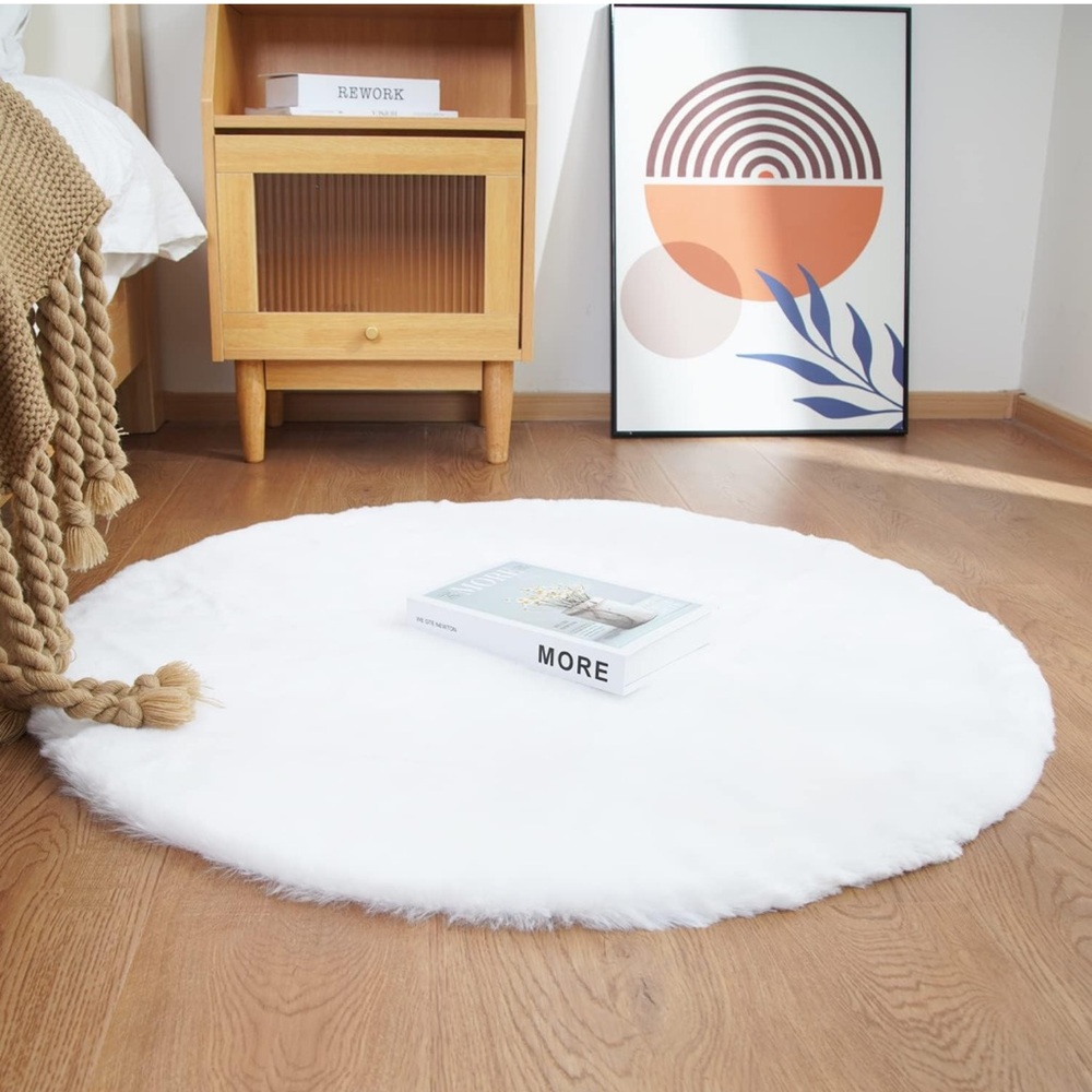 Faux Rabbit Fur Round Rug 3ft White